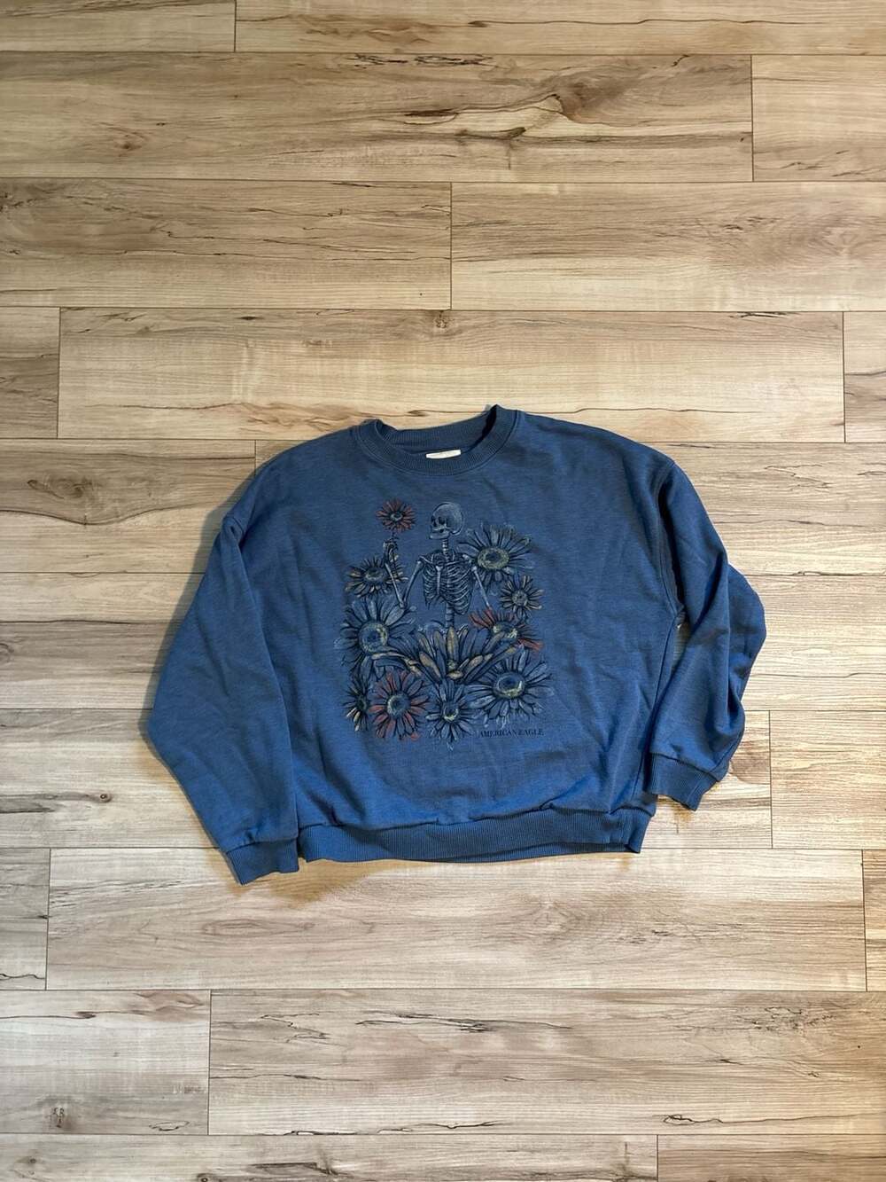 American Eagle Skeleton Sunflower Blue Oversized Graphic Sweatshirt